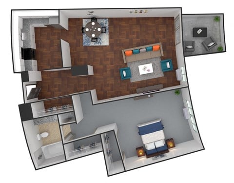 Floor plan for 1 bed, 1 bath, 730 sqft